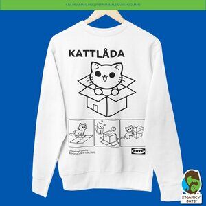 Kattlåda Cat in a Box Ikea Manual Parody Crew Neck Fleece Sweatshirt WHITE